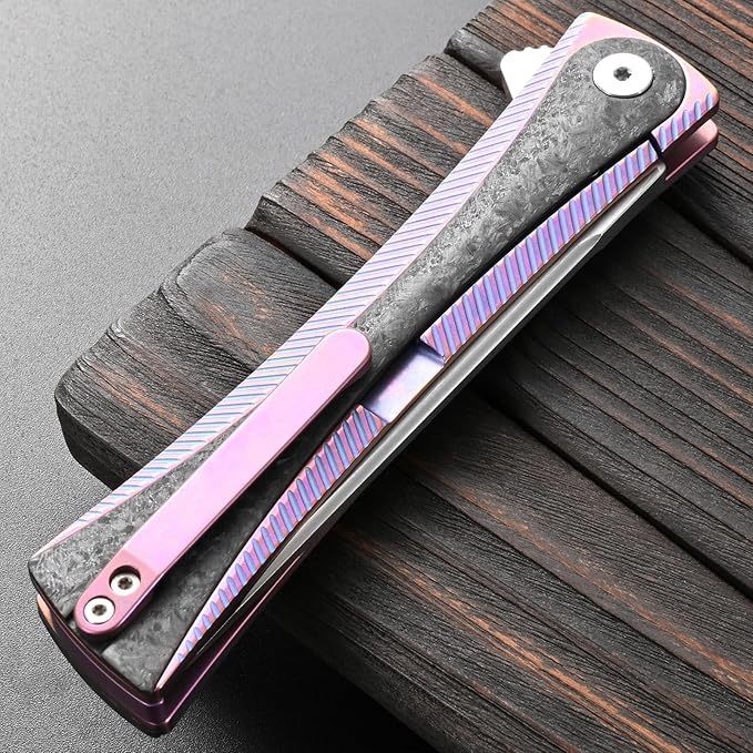 Sitivien ST994 Folding Knife Handmade M390 Brushed Steel Blade Titanium Carbon Fiber Handle with Ball Bearing for Outdoor Camping Hiking Survival (Pink)