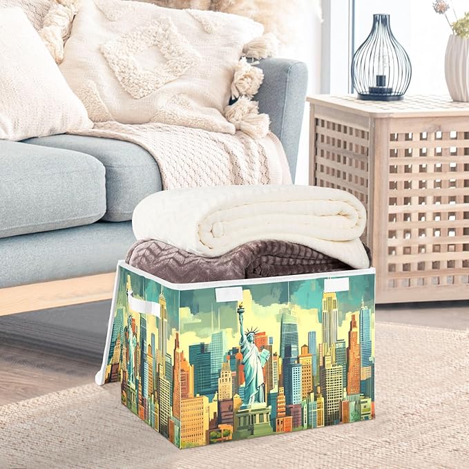 New York City Storage Cube Bins Basket with Lid Collapsible Flip-top Fabric with Handle for Home Bedroom Closet Office 16.5×12.6×11.8 in