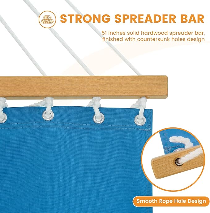 Lazy Daze Hammocks 12 FT Sunbrella Fabric Hammock not Fading with Spreader Bars and Free Pillow Fits for 2 Persons All Weather and Fade Resistant for Patio Yard 450 lbs Capacity Canvas Pacific Blue