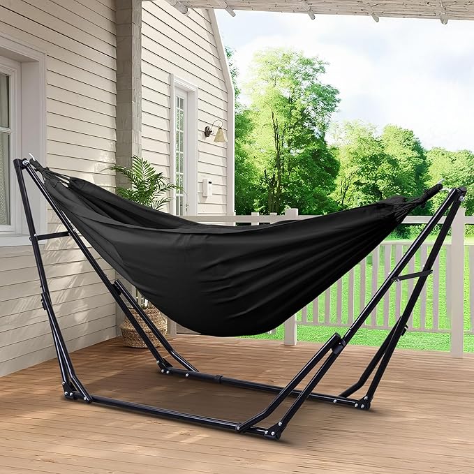 Ainfox Hammock with Foldable Stand 2 in 1 Hammock and Swinging Chair with Carrying Bag Portable Camping Chair Suitable for Outside SwingPatioGardenCamping Trip Black