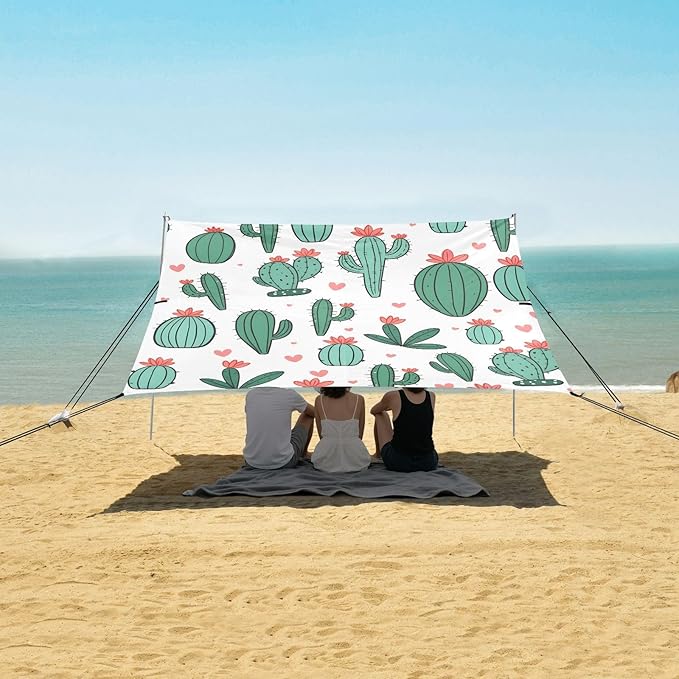 ALAZA Green Cacti Cactus Beach Tent Sun Shelter UPF50+ Protection Beach Shade Canopy w/ 4 Sandbags for Outdoor Camping Fishing Backyard Fun Picnic 10x9 ft