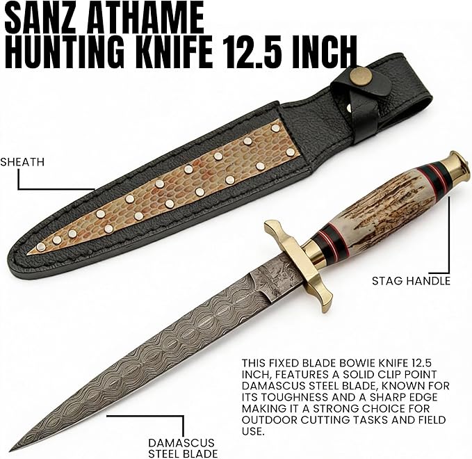 SANZ Damascus Athame Hunting Knife 12.5 Inch - Camping Knife with Stag Handle Full Tang Blade &amp Sheath - Pocket Knife for Hunting Camping &amp Outdoor uses