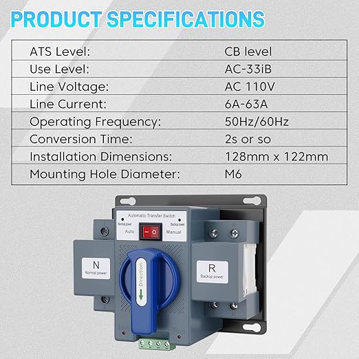 110V 63A 2P Dual Power Automatic Transfer Switch Dual Power Generator Changeover Switch Automatic &amp Manual Conversion Options ATS 50/60HZ AC-33iB