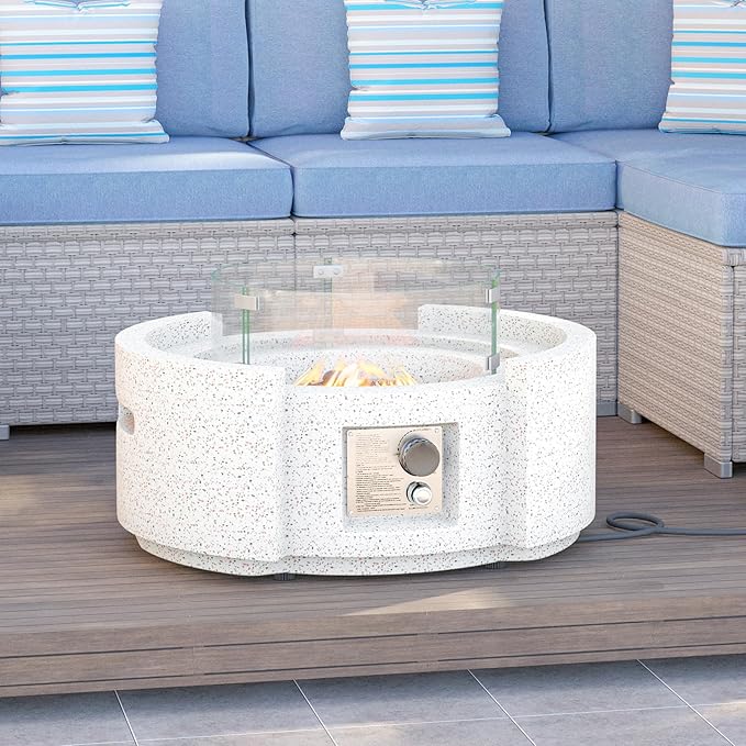 HOMPUS Round Fire Pit Table Outdoor Propane Fire Pit Table w Free Lava Rocks &amp Rain Cover Terrazzo Colorful Fire Pit Table w Wind Guard for Patio Outside
