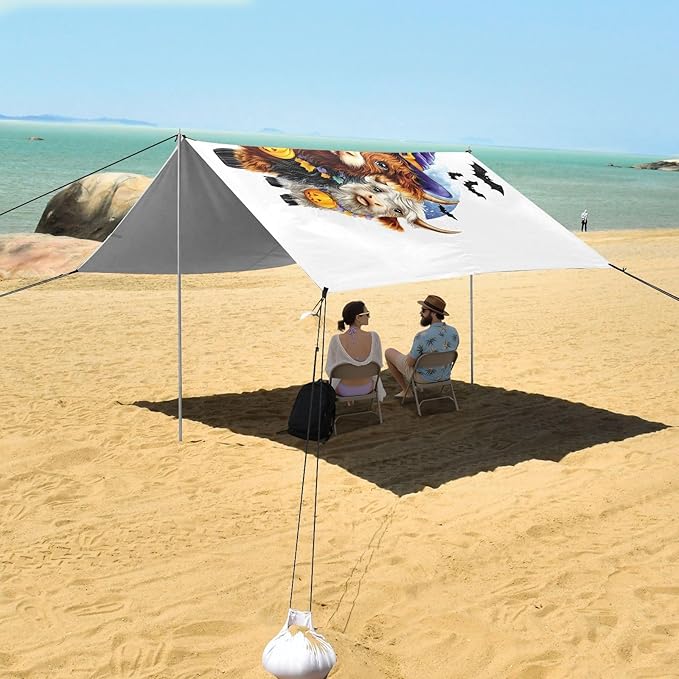 ALAZA Highland Cows Halloween Beach Tent Sun Shelter UPF50+ Protection Beach Shade Canopy w/ 4 Sandbags for Outdoor Camping Fishing Backyard Fun Picnic 10x9 ft