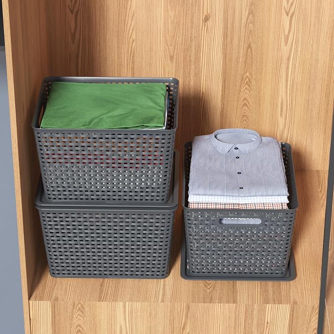20 Quart Plastic Weave Storage Basket Bin with Lid Large Stackable Baskets 6 Packs