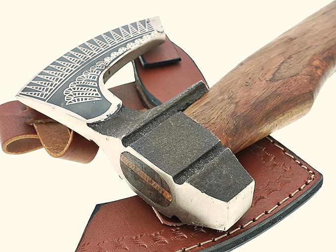 15 Inch long Bearded hiking Axe Carbon steel blade with laser etching Easy grip Rose wood round handle Leather sheath included