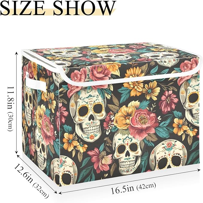 Storage Cube with Lid Mexican Skulls Print 16.5×12.6×11.8 IN Collapsible Large Capacity Foldable Storage Basket Bin Organizer