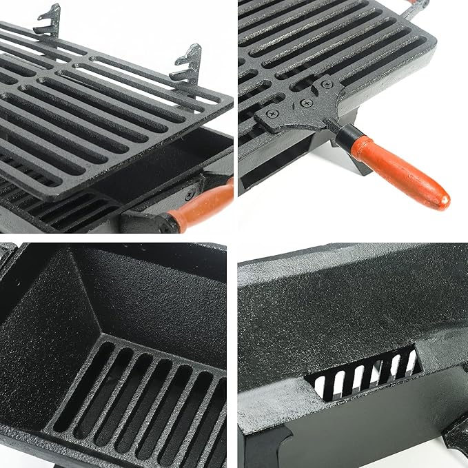 Sungmor Compact Cast Iron Charcoal Grill - Tabletop BBQ Grill with Adjustable Grate &amp Wooden Handles 12” x 7” Ideal for 1-3 People - Portable Heavy-Duty Grill for Camping Balcony &amp Small Spa
