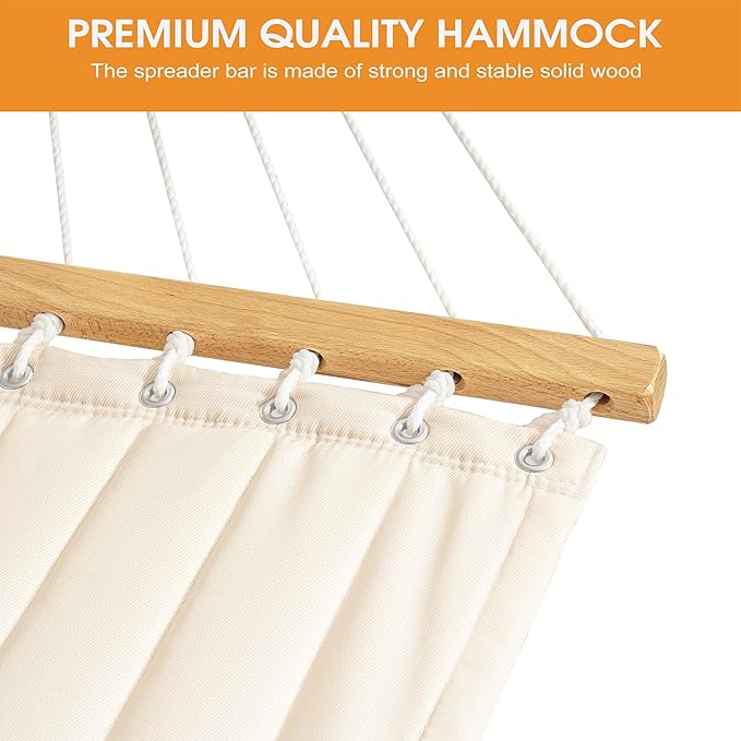 Lazy Daze Hammocks 12 FT 2 Person Double Quilted Hammock with Curved Steel Heavy Duty Stand and Pillow for Outside Backyard Patio 450 Lbs Capacity Cream