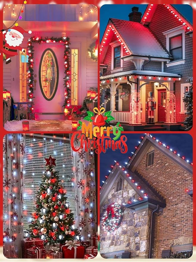 YIQU 2-Pack 66FT C9 Christmas String Lights Outdoor 100LED Waterproof Green Wire Plug in Led Fairy String Lights for Xmas Tree Indoor Garden Patio Wedding Party Decoration (Red and White)