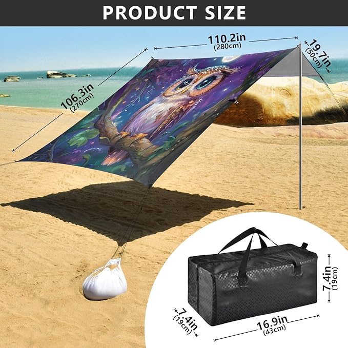 ALAZA Cute Owl Moon Beach Tent Sun Shelter UPF50+ Protection Beach Shade Canopy w/ 4 Sandbags for Outdoor Camping Fishing Backyard Fun Picnic 10x9 ft