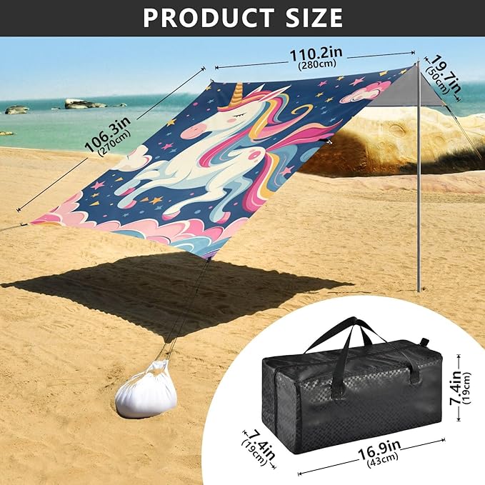 ALAZA Cute Unicorn Colorful Night Sky Rainbow Stars Clouds Beach Tent Sun Shelter Portable Canopy Sunshade for Outdoor Camping Picnics Backyard Fun 10x9 ft