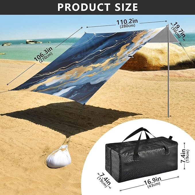 ALAZA Blue &amp White Marble Gold Texture Beach Tent Sun Shelter UPF50+ Protection Beach Shade Canopy w/ 4 Sandbags for Outdoor Camping Fishing Backyard Fun Picnic 10x9 ft