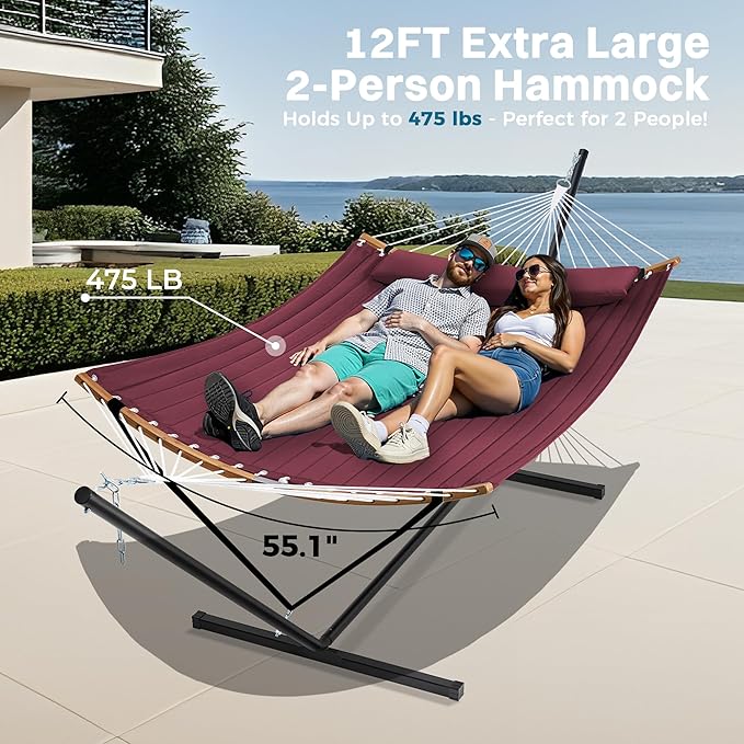 SUPERJARE Curved-Bar Hammock with Stand 2 Person Heavy Duty Hammock Frame Detachable Pillow &amp Portable Carrying Bag Perfect for Outdoor &amp Indoor Burgundy