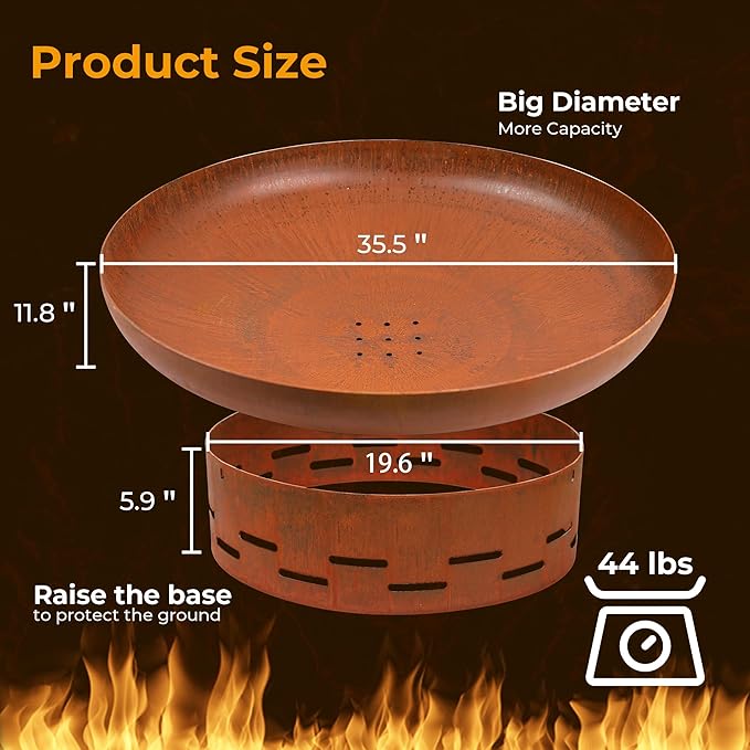 KOL Fire Pit for Outside Wood Burning 35.5 Inch Large Round Firepit Bowl Outdoor and Patio Heavy-Duty Bonfire Pit Oxidized Finish Free-Standing Camping Backyard Terrace