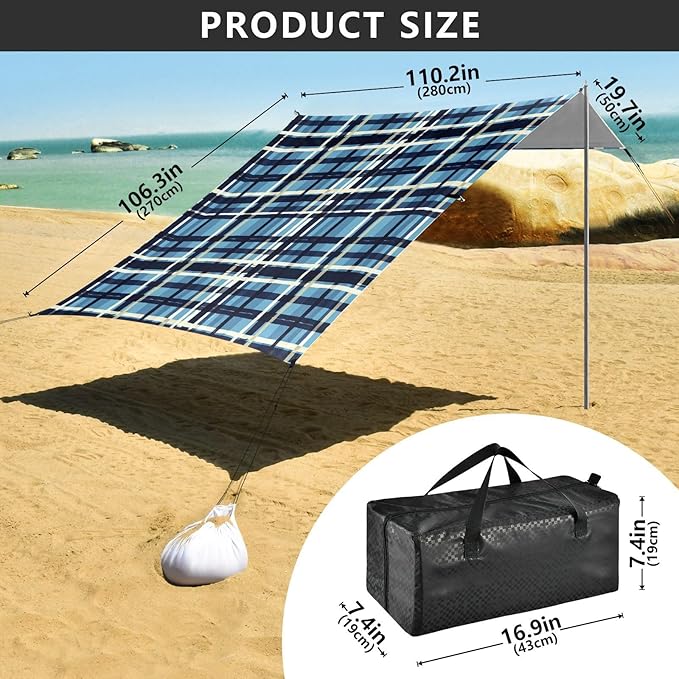 xigua Plaid Pattern Beach Tent Sun Shelter with Carrying Bag - Silver Coated Oxford Fabric Beach Canopy for Beach Camping Fishing - Includes Windproof Ropes Sandbags &amp Stakes