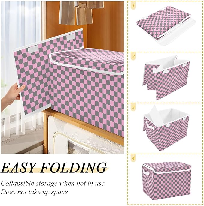 Pink Grey Checkerboard Storage Baskets Lidded Bin Foldable Storage Boxes Cubes Lids with 2 Handles for Organizing Closet Home Office