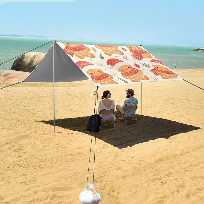 Lovely Christmas Gingerbread Man Stable Beach Tent UPF50 Waterproof Portable Sun Shelter with Sandbags &amp Sand Shovel for Camping Picnics Backyard &amp Fishing