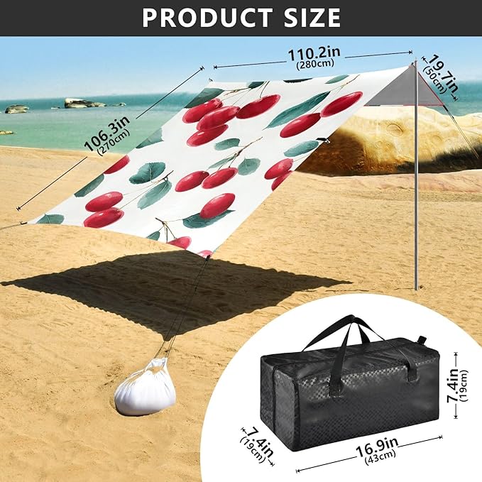 ALAZA Red Cherry Leaves Pattern Beach Tent Sun Shelter Portable Canopy Sunshade for Outdoor Camping Picnics Backyard Fun 10x9 ft