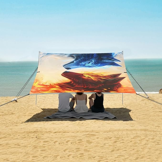 ALAZA Fire &amp Ice Wolf Beach Tent Sun Shelter UPF50+ Protection Beach Shade Canopy w/ 4 Sandbags for Outdoor Camping Fishing Backyard Fun Picnic 10x9 ft