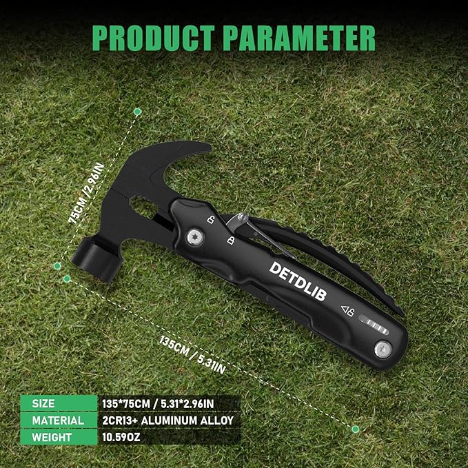 DETDLIB12-in-1 Multitool Hammer Birthday Gifts for Men Essential for Camping Hiking Cool Gadget Gifts for Men. Women Dad Him Husband Father Mechanic Boyfriend Black