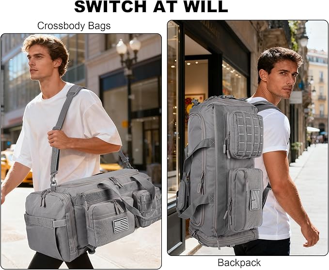 LHI 50L Tactical Duffle Bag for Men 3-in-1 Gym Duffle and Backpack Shoe Compartment Laptop Sleeve and MOLLE Carry-On Travel Weekender and Overnight Bag – Gray