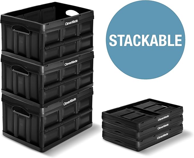 CleverMade Collapsible Storage Bins - Tan 3 Pack 32L - Stackable Containers Heavy Duty Capacity Folding Crates - Space-Saving for Home