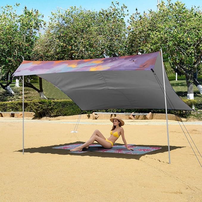 ALAZA Dolphins Sunset Sea Beach Tent Sun Shelter UPF50+ Protection Beach Shade Canopy w/ 4 Sandbags for Outdoor Camping Fishing Backyard Fun Picnic 10x9 ft