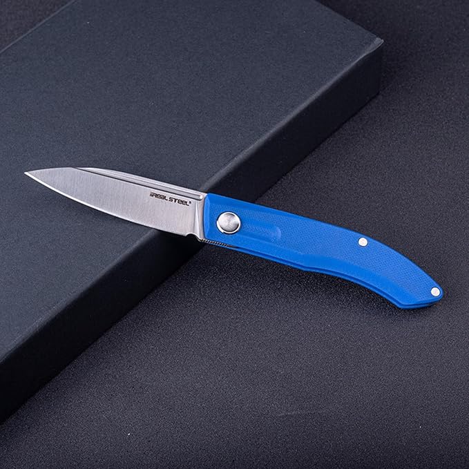Real Steel Stella Slipjoint Folding Knife - 2.95 VG-10 Satin Blade G10 Textured Grip - Camping Hiking Daily Cutting - EDC Knife for Men and Women (Blue)