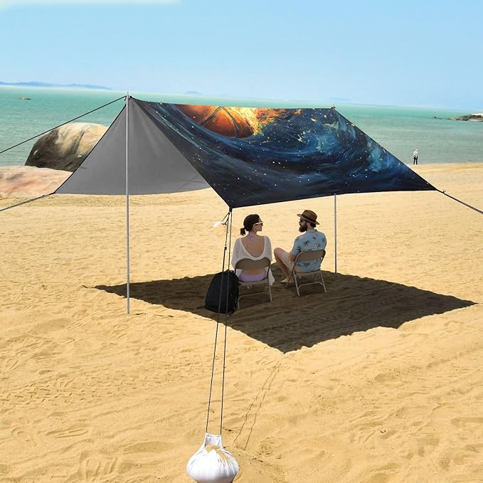 ALAZA Basketball Starry Sky Beach Tent Sun Shelter UPF50+ Protection Beach Shade Canopy w/ 4 Sandbags for Outdoor Camping Fishing Backyard Fun Picnic 10x9 ft