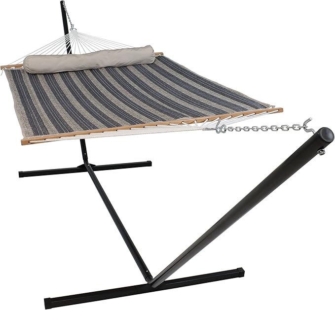 Sunnydaze Quilted Double Hammock with Stand for Outside - 400-Pound Capacity 2-Person Hammock with Stand - 15-Foot Stand - Mountainside