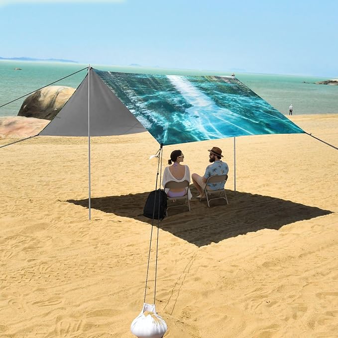Summer Pool Pattern Beach Tent Sun Shelter Set UPF50+ UV Protection 10.5 x 9.19 FT Camping Shade Canopy with Sandbags Sand Anchors Carrying Bag and Others