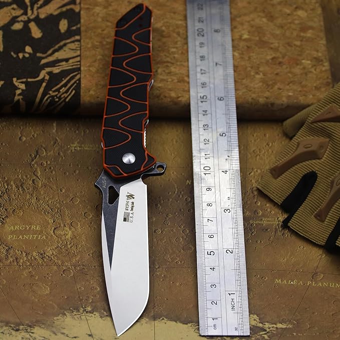 WPKOPYA 8.4in Folding Knife AUS-8 Steel Blade G10 Handle with Anti-Slip Texture Ball Bearing Pivot Stonewashed Finish EDC Pocket Knife for Camping Hiking Survival (AUS-8 (G10 black/orange))