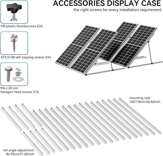 Upgraded 47in 4 Sets Adjustable Solar Panel Tilt Mount Brackets Foldable Tilt Legs Support 100 200 300 400 500 Watt Solar Panels 4-8Pcs Solar Panel Stand for Roof Off-Grid RV and Boat