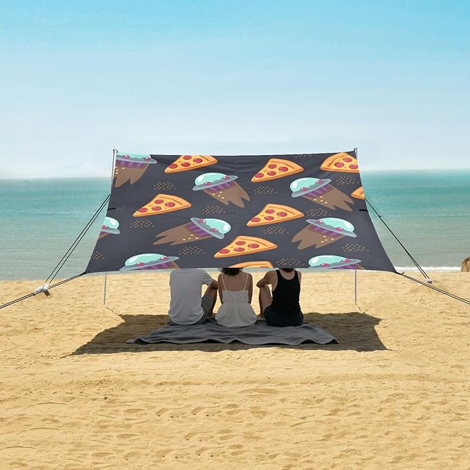 ALAZA Pizza Spaceship Pattern Beach Tent Sun Shelter Portable Canopy Sunshade for Outdoor Camping Picnics Backyard Fun 10x9 ft