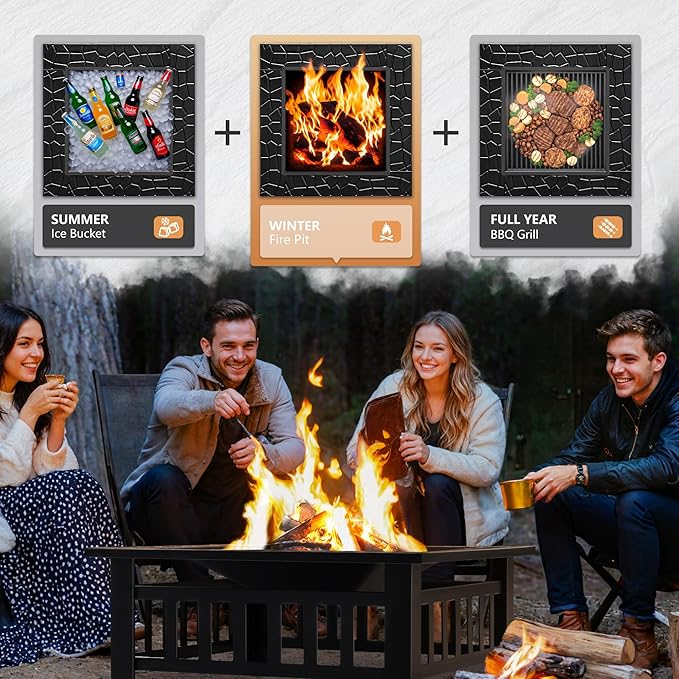 Greesum Multifunctional Patio Fire Pit Table 32in Square Metal BBQ Firepit Stove Backyard Garden Fireplace with Spark Screen Lid and Rain Cover for Camping Outdoor Heating Bonfire and Picnic Black