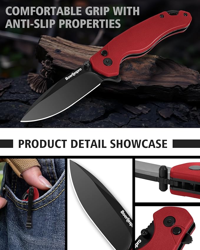 Pocket Knife – 2.99 8Cr14MoV Steel Blade G10 Handle | EDC Folding Knife with Pocket Clip for Men &amp Women | Sharp for Camping Fishing Hunting Tactical Use &amp Survival Hiking -Red
