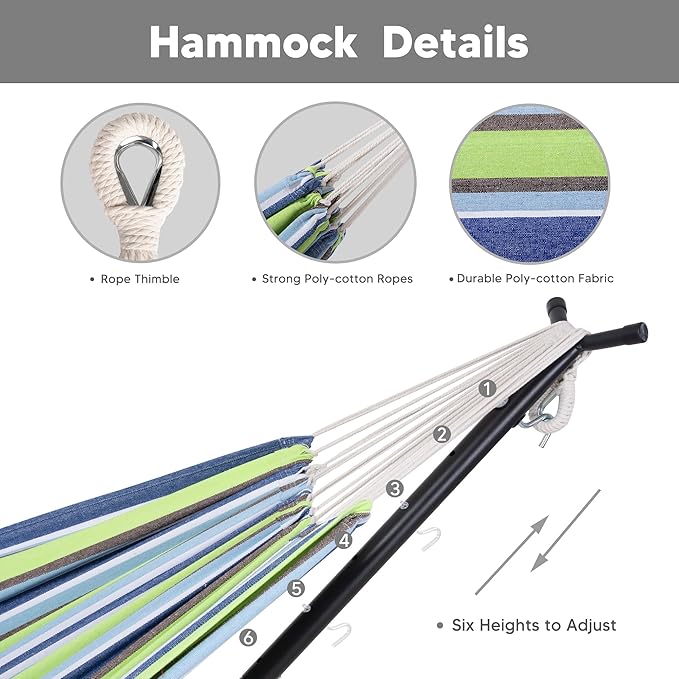 SUNCREAT 2-in-1 Convertible Backyard Fabric Hammock with Stand Large Hammocks for Outside Patented Light Green Stripes