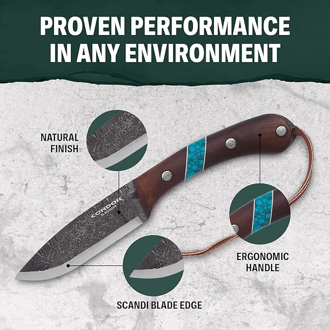 Condor Tool &amp Knife Blue River Fixed Blade Knife - 1095 High-Carbon Steel Blade with Full-Tang Construction - Walnut Handle with Turquoise Stone Inlay - Ideal for Bushcraft Camping &amp Survival
