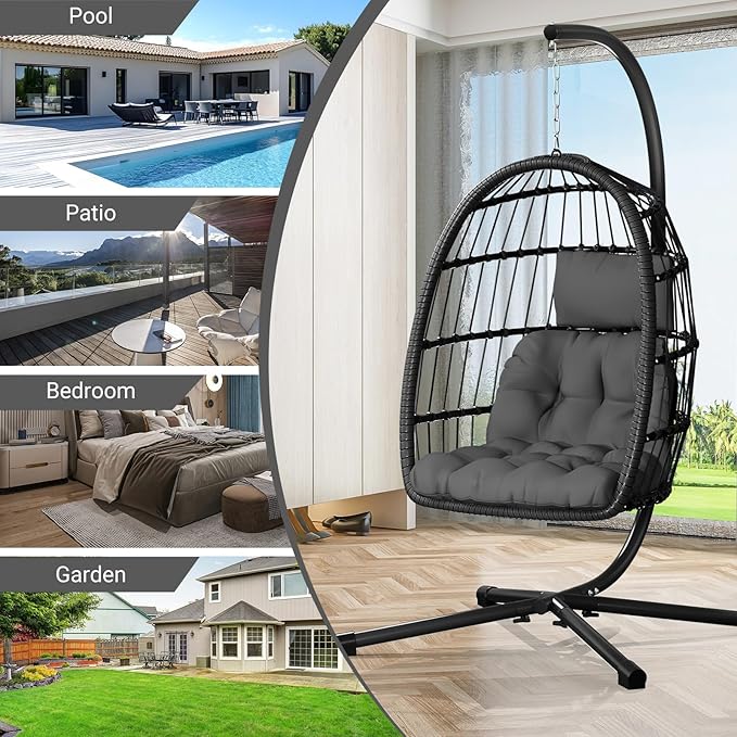 CHABATREE Egg Chair with StandPatio Rattan Wicker Hanging Swing Egg Chair Hammock Chair for Bedroom Porch GardenThickened Aluminum Alloy Steel Frame and UV Resistant Cushion350LBS Capacity