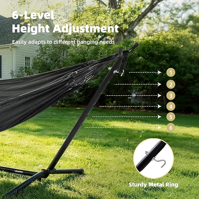 EchoSmile Double Hammock with Detachable Stand - 480 lbs Heavy Duty 2 Person Hammock Adjustable Hooks Indoor Outdoor Stand Hammock Durable Steel Frame - Charcoal Gray