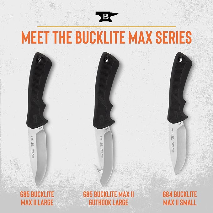 Buck Knives 684 Small BuckLite Max II Hunting Knife 3-1/4 Fixed Blade Dynaflex Rubber Handle 420HC Stainless Steel Drop Point Blade Sheath Included Knife Made in the USA 2.8 oz