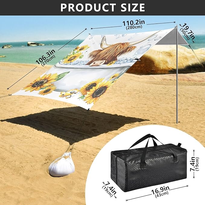 ALAZA Highland Cow Bathroom Beach Tent Sun Shelter Portable Canopy Sunshade for Outdoor Camping Picnics Backyard Fun 10x9 ft