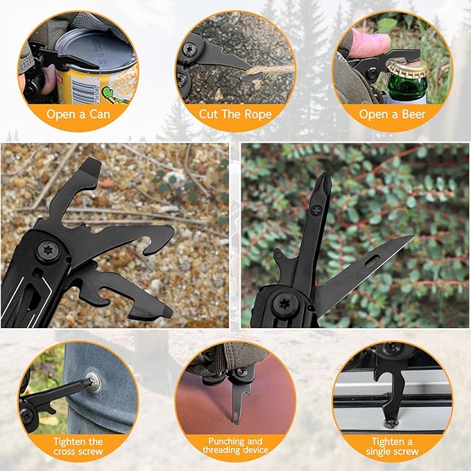 28-in-1 Multitool Pliers with ScissorsSaw ScrewdriversRope CuttersCan OpenerFileCarrying PouchStainless Steel Pocket Multi-Tool Ideal for Camping Survival Toolkit and Gift for him (Black)