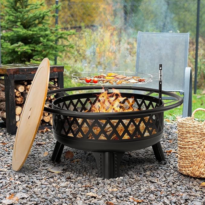 Panovue 38 Inch Wood Burning Fire Pit for Outside Round Firepit with Grill &amp Metal Lid Metal Outdoor Fire Pit Table for Patio Backyard Garden Bonfire Party