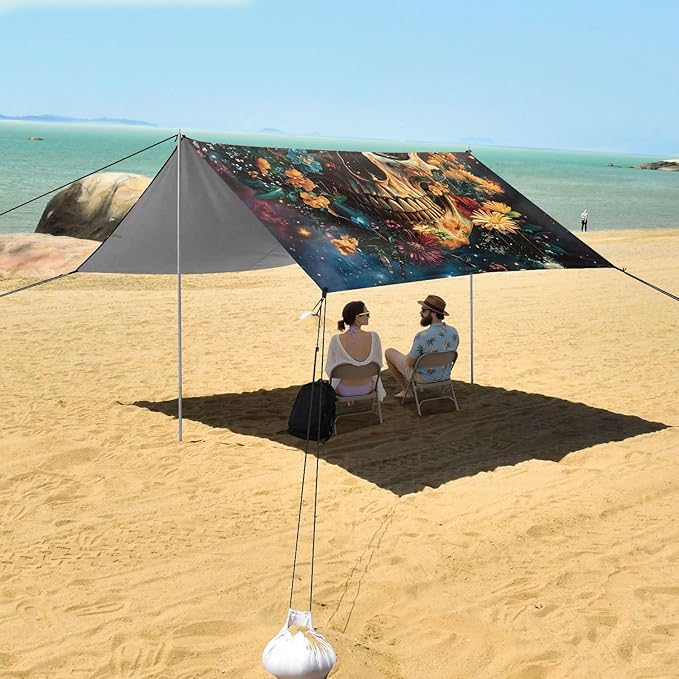 ALAZA Skull Starry Sky Beach Tent Sun Shelter Portable Canopy Sunshade for Outdoor Camping Picnics Backyard Fun 10x9 ft