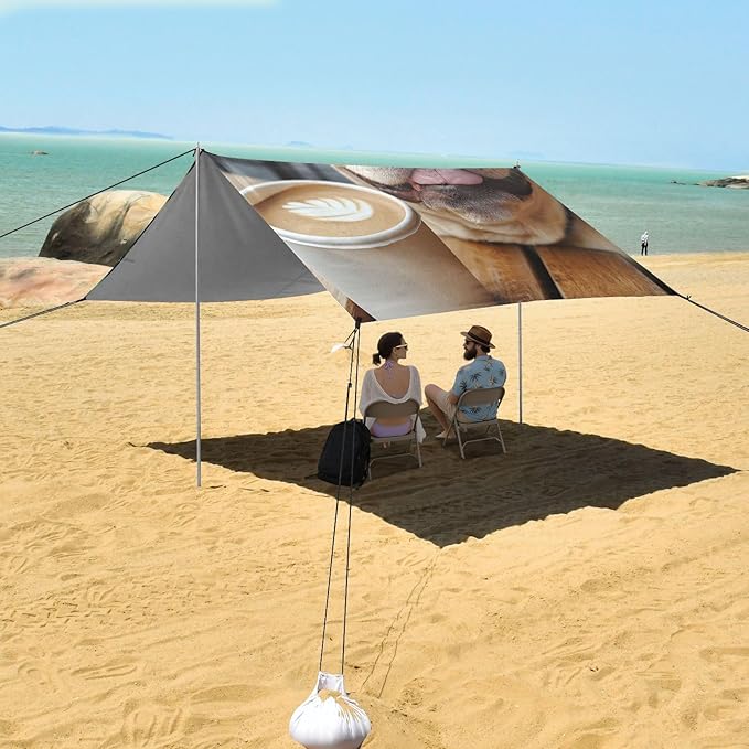 ALAZA Happy French Bulldog Enjoy Coffee Beach Tent Sun Shelter Portable Canopy Sunshade for Outdoor Camping Picnics Backyard Fun 10x9 ft