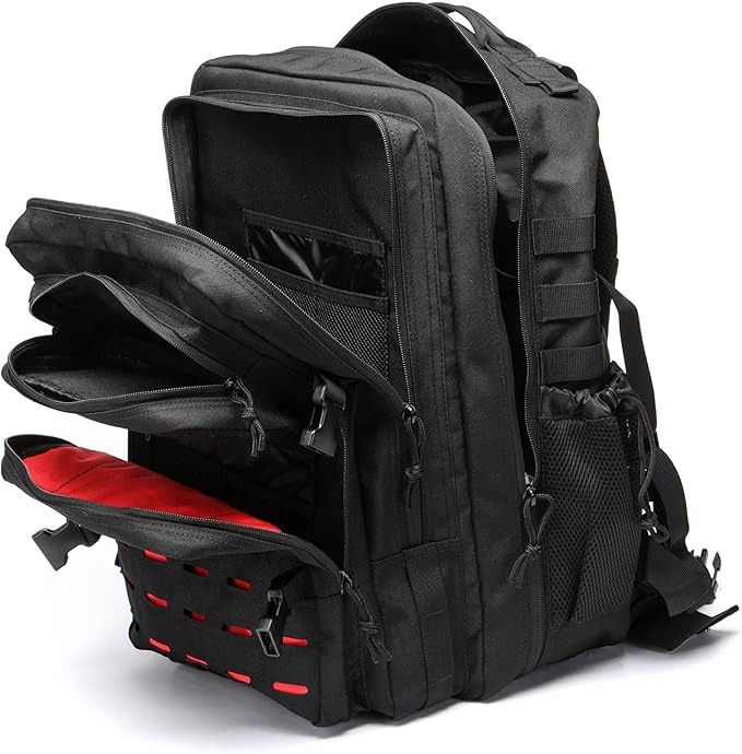 50L Tactical Military Backpack Waterproof Sturdy Bag for Hiking Camping Fishing Gym Backpack with Bottle Holder (Red Black)