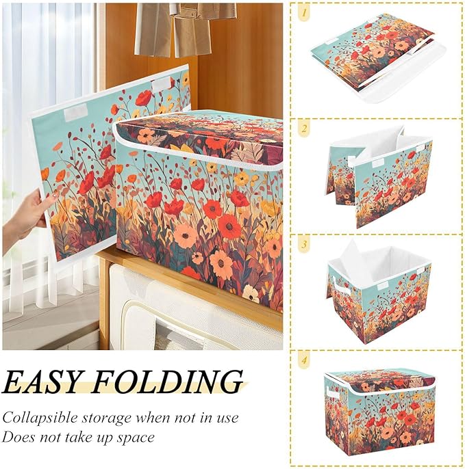 Collapsible Storage Bins with Lids Decorative Fabric Storage Cubes Closet Organizer and Storage Basket Boxes Containers for Clothes Box Chest Nursery Folding Rectangle Autumn Poppy Flowers